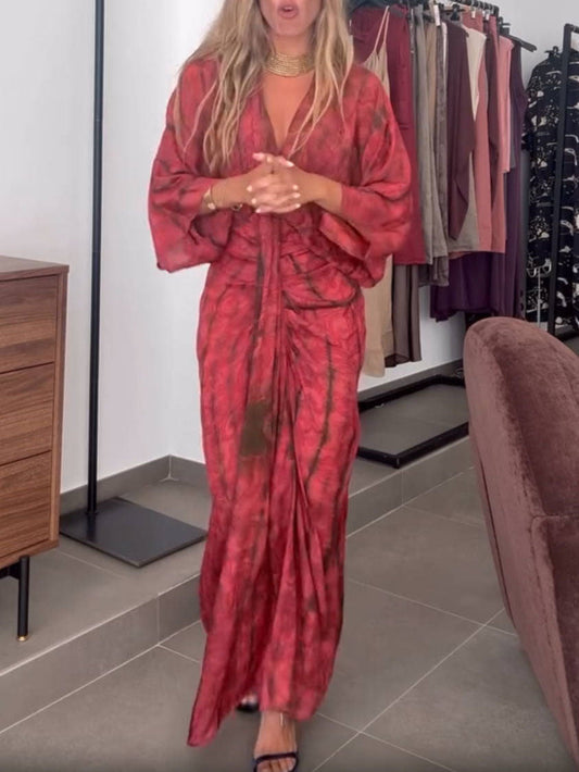 Women's Kimono-Style Printed Maxi Dress – Flowy Bell Sleeve & Bohemian Floral Print