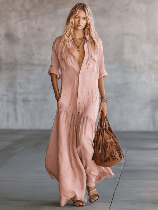 Pink Western Shirt Dress – Retro Maxi for Women