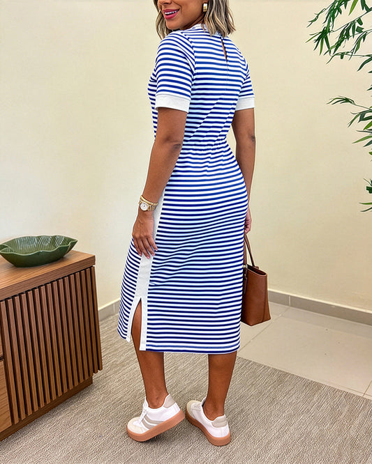 Striped Waist-Cinching Midi Dress – Crew Neck