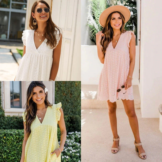 Women's Summer V-Neck Lace Dress – Short Sleeve Hollow Eyelet Dress