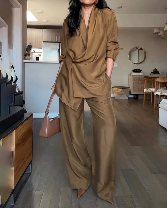Women's Two-Piece Commuter Set – Long Sleeve Shirt & Elastic Waist Pants