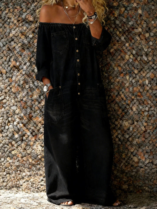 Women's Casual Long Sleeve Washed Cotton Denim Jumpsuit