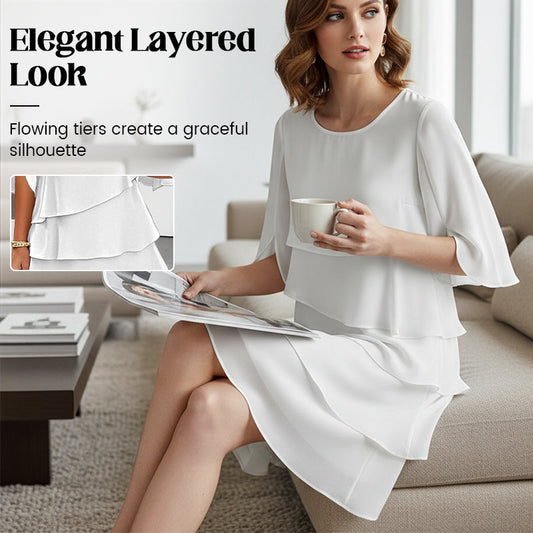 Ruffle Sleeve Swing Dress – Layered Detail, Crew Neck, Flowy Fit