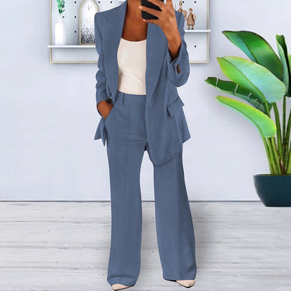 Soft Tailored Blazer & Wide-Leg Pants Set – 2-Piece Casual Suit