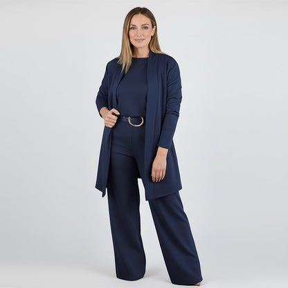 Soft Knit 3-Piece Set – Long Cardigan, Shell Top & Wide-Leg Pants