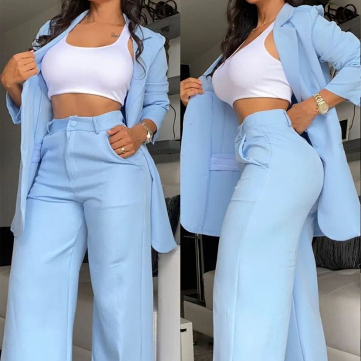 Ruffle Sleeve Blazer & Wide-Leg Pants Set – 2-Piece Business Suit