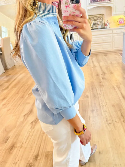 Leaf-Edge Chiffon Patchwork Top – Ruffle Neck, 3/4 Sleeve, Relaxed Fit