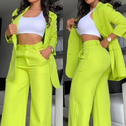 Ruffle Sleeve Blazer & Wide-Leg Pants Set – 2-Piece Business Suit