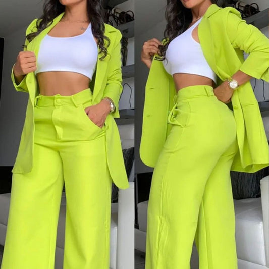Ruffle Sleeve Blazer & Wide-Leg Pants Set – 2-Piece Business Suit