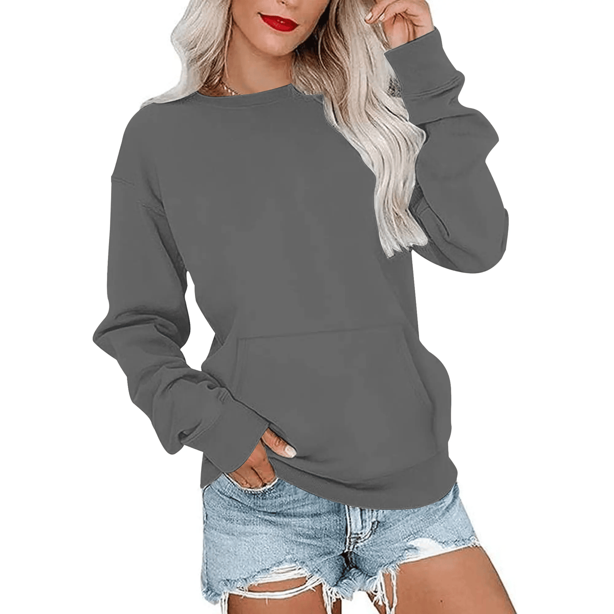 Hoodless Crewneck Sweatshirt – Kangaroo Pocket, Relaxed Fit, Lightweight Fleece