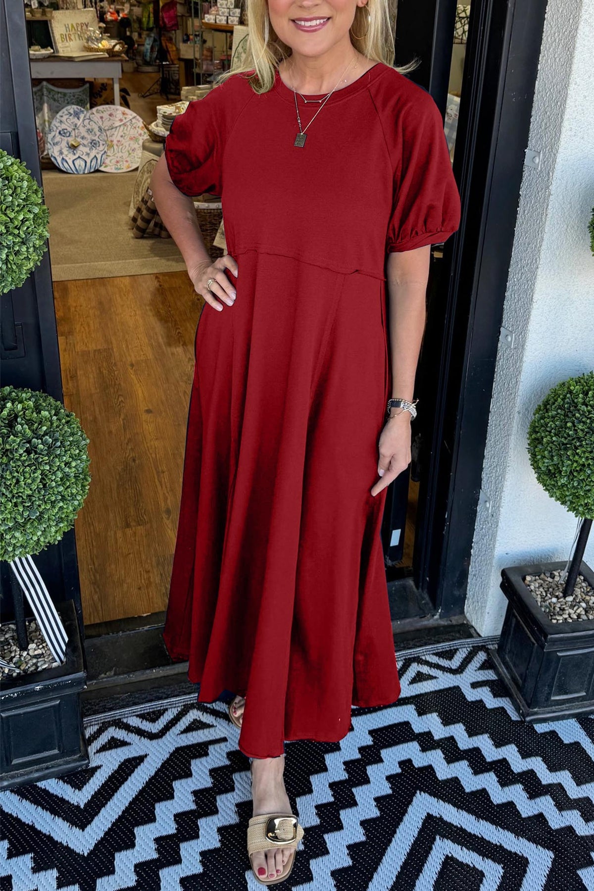 Puff Sleeve Round Neck Maxi Dress – Solid Color, Loose Fit, Wrinkle-Resistant