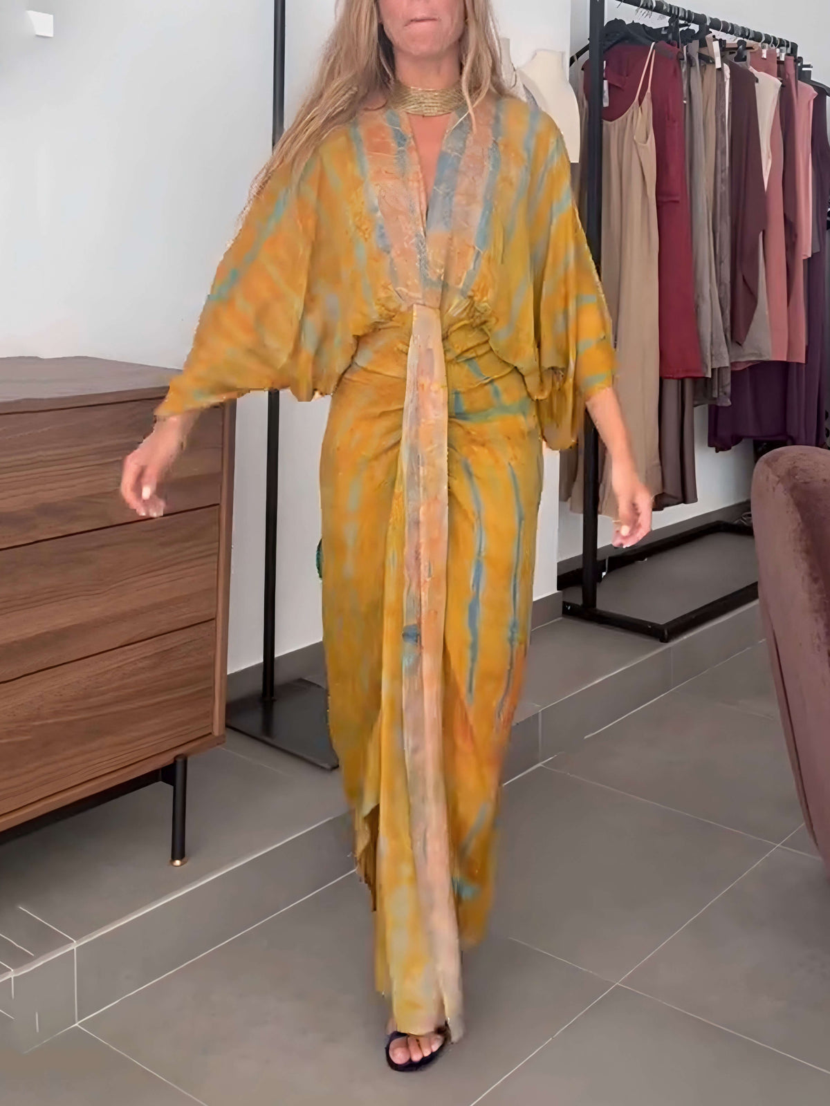 Women's Kimono-Style Printed Maxi Dress – Flowy Bell Sleeve & Bohemian Floral Print