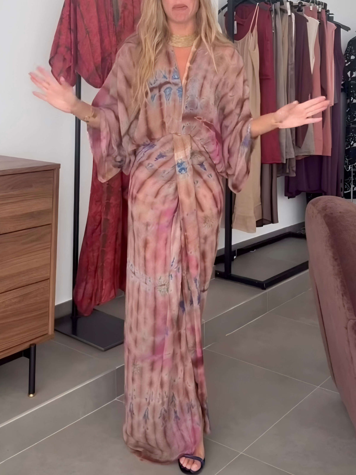 Women's Kimono-Style Printed Maxi Dress – Flowy Bell Sleeve & Bohemian Floral Print