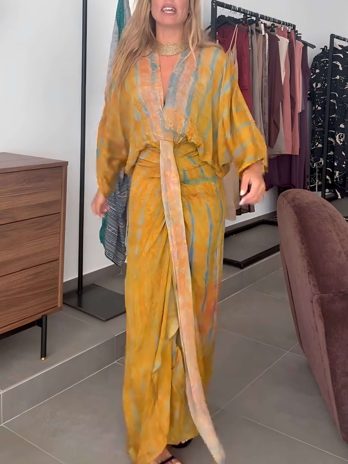 Women's Kimono-Style Printed Maxi Dress – Flowy Bell Sleeve & Bohemian Floral Print