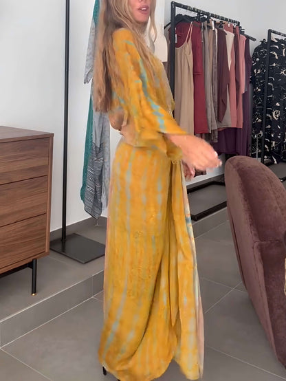 Women's Kimono-Style Printed Maxi Dress – Flowy Bell Sleeve & Bohemian Floral Print