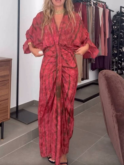 Women's Kimono-Style Printed Maxi Dress – Flowy Bell Sleeve & Bohemian Floral Print