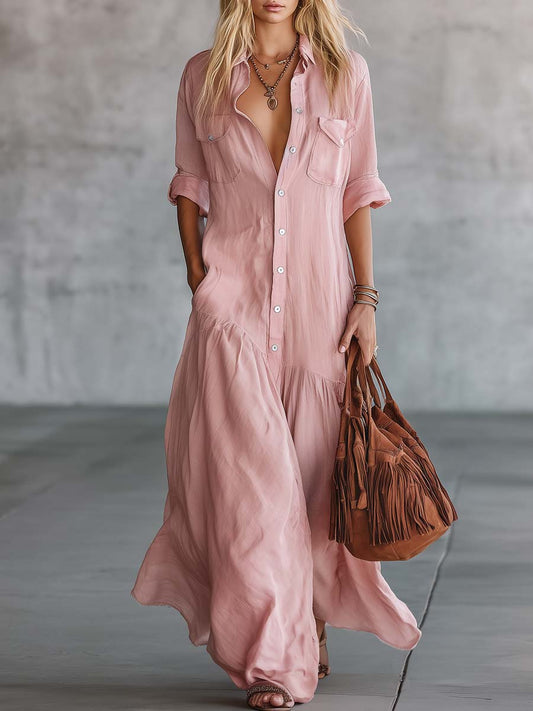 Pink Western Shirt Dress – Retro Maxi for Women
