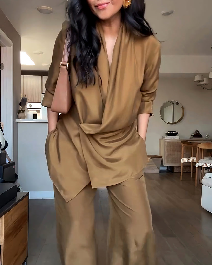 Women's Two-Piece Commuter Set – Long Sleeve Shirt & Elastic Waist Pants
