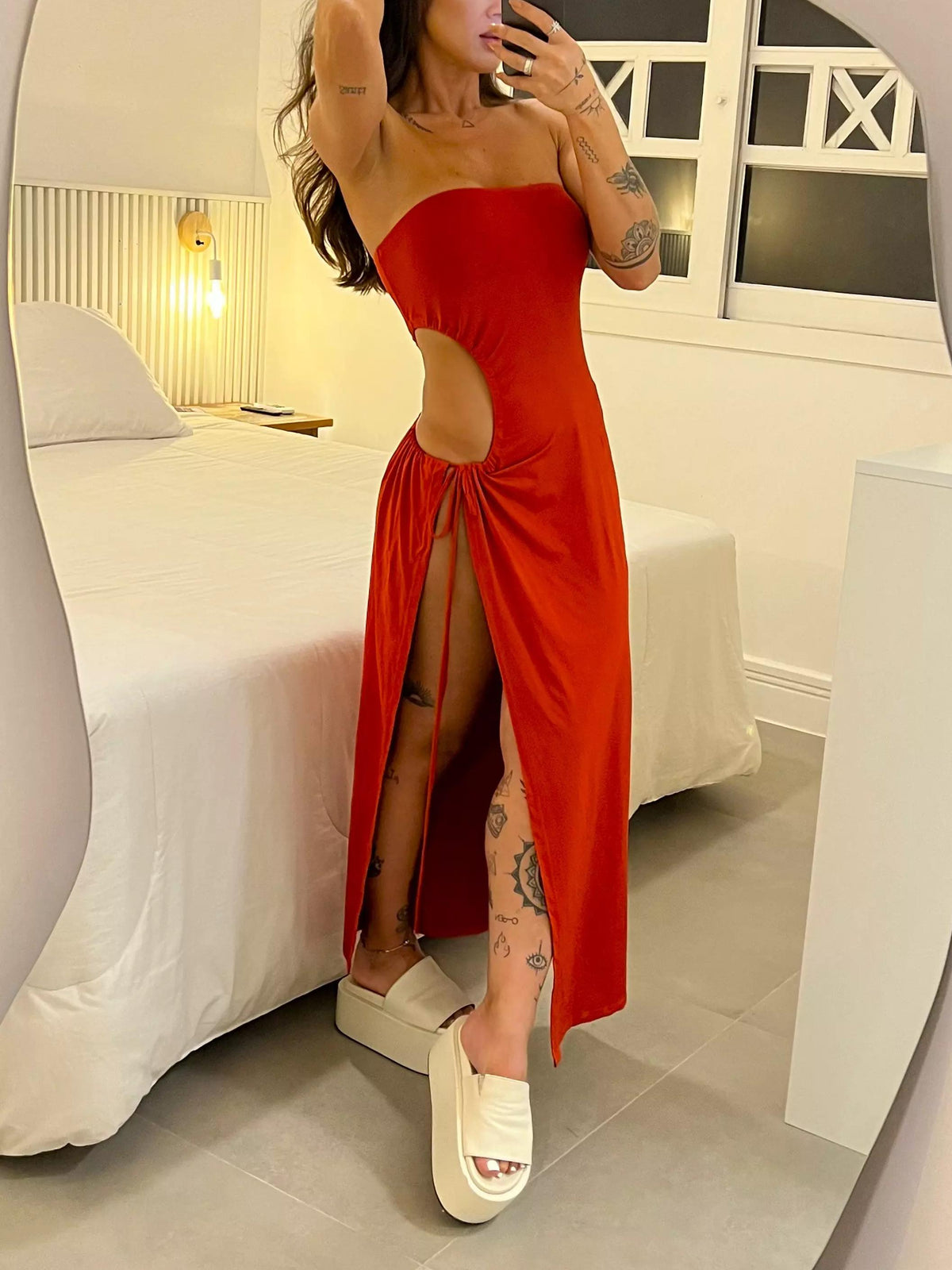 Women's Bandeau Side Slit Bodysuit Dress – Open Back Flared Mini Dress