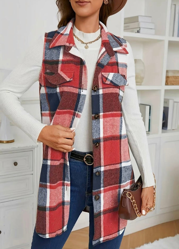 Classic Plaid Sleeveless Vest – Button-Front, Lapel Collar, Layering Essential