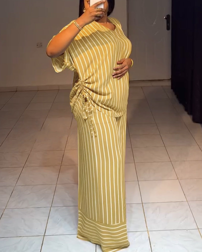 Striped Drawstring Top & Wide-Leg Pants Set – Adjustable Length, Pockets