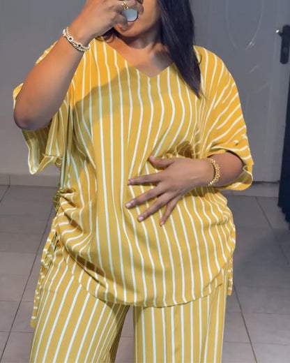Striped Drawstring Top & Wide-Leg Pants Set – Adjustable Length, Pockets