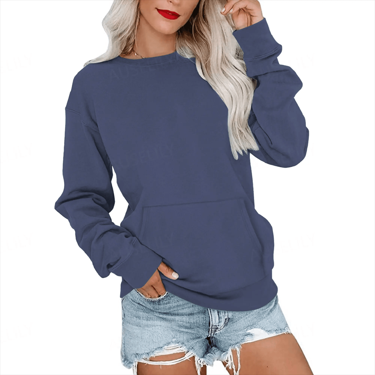 Hoodless Crewneck Sweatshirt – Kangaroo Pocket, Relaxed Fit, Lightweight Fleece