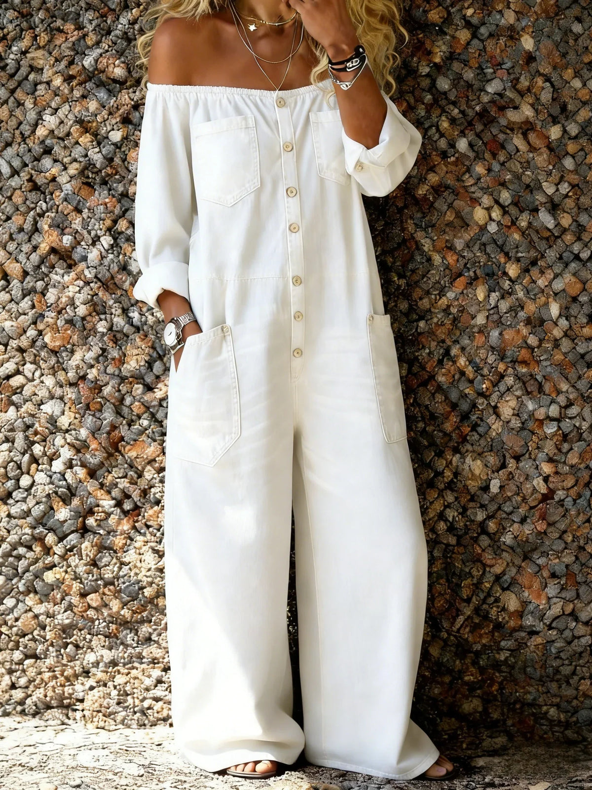 Women's Casual Long Sleeve Washed Cotton Denim Jumpsuit