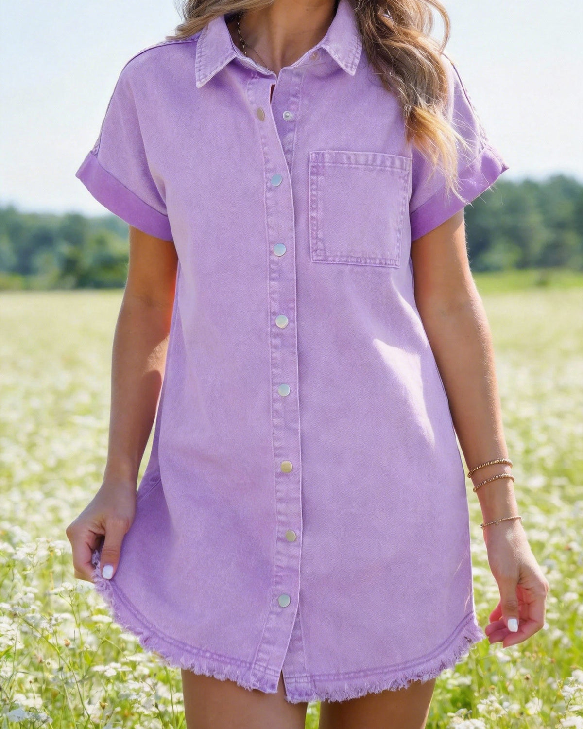 Frayed Hem Denim Shirt Dress – Button Front, Side Pockets, Relaxed Fit