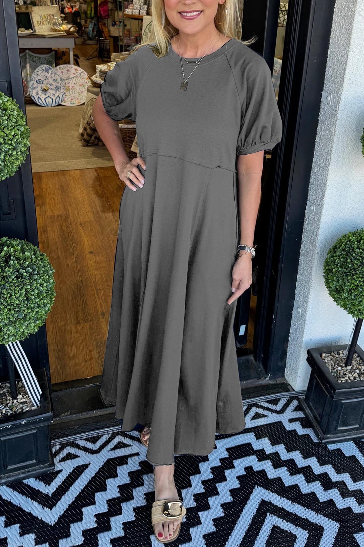 Puff Sleeve Round Neck Maxi Dress – Solid Color, Loose Fit, Wrinkle-Resistant