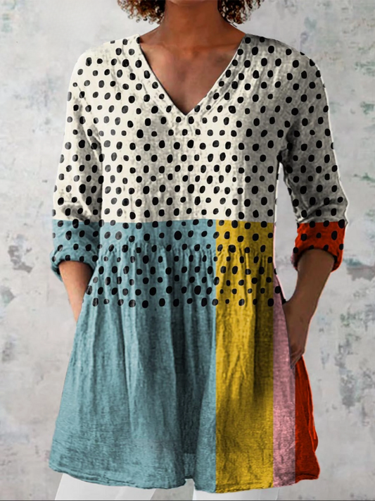 Women's Color Block V Neck Long Sleeve Blouse