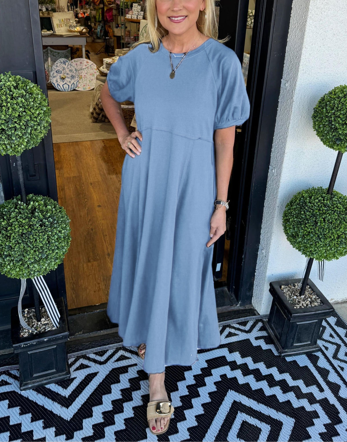 Puff Sleeve Round Neck Maxi Dress – Solid Color, Loose Fit, Wrinkle-Resistant