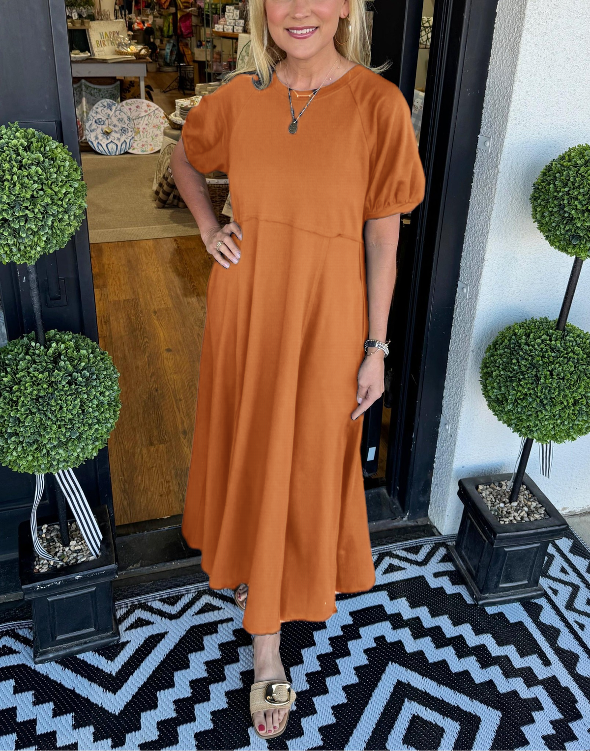 Puff Sleeve Round Neck Maxi Dress – Solid Color, Loose Fit, Wrinkle-Resistant