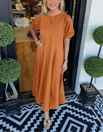Puff Sleeve Round Neck Maxi Dress – Solid Color, Loose Fit, Wrinkle-Resistant