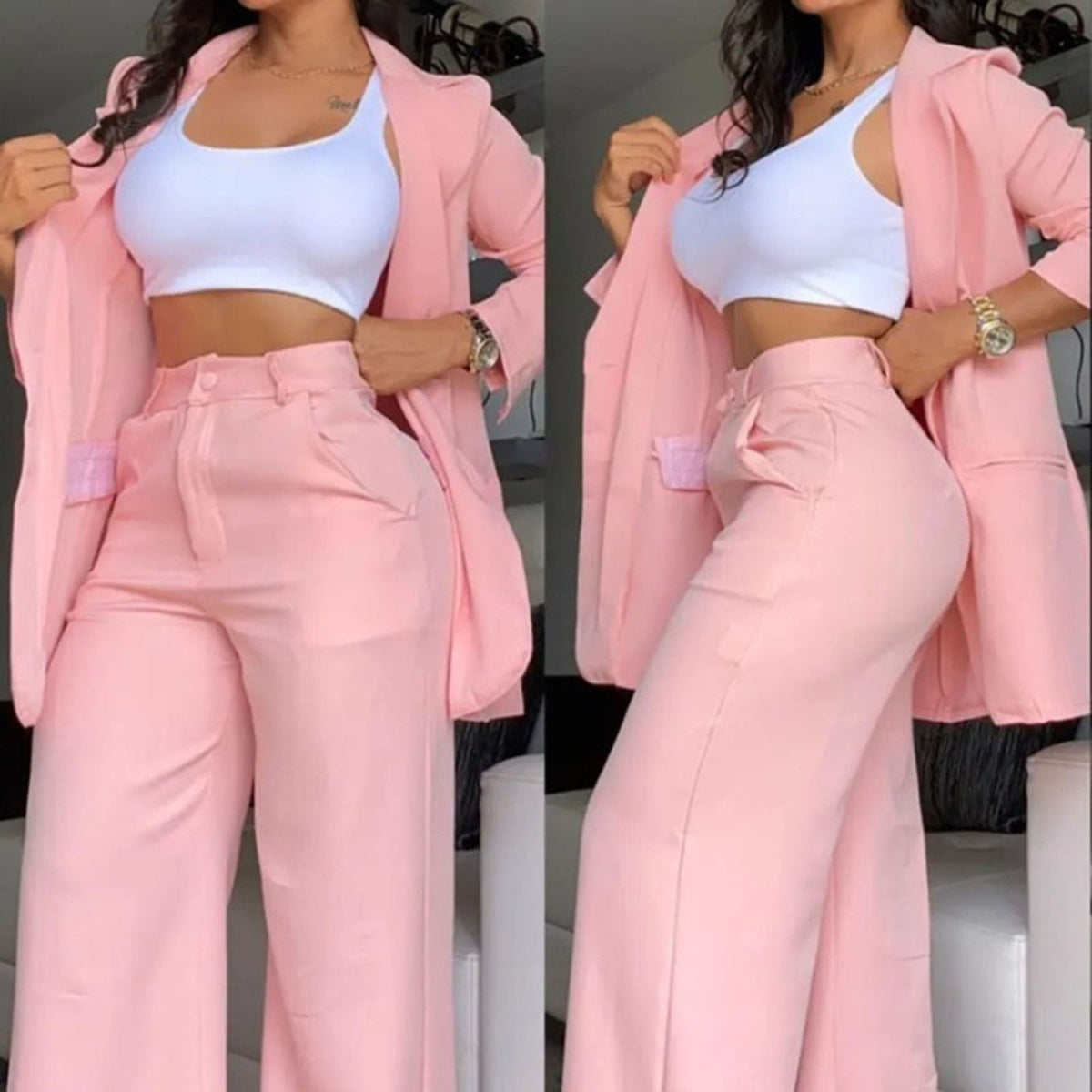 Ruffle Sleeve Blazer & Wide-Leg Pants Set – 2-Piece Business Suit