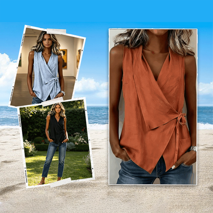Crisscross Tie Cotton Linen Tank – V-Neck, Adjustable Side Tie, Relaxed Fit