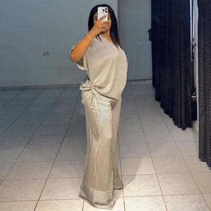 Striped Drawstring Top & Wide-Leg Pants Set – Adjustable Length, Pockets