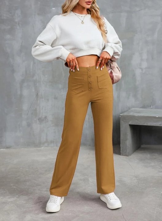 Women's High-Waisted Stretch Pants – Comfortable Straight Leg Everyday Trousers