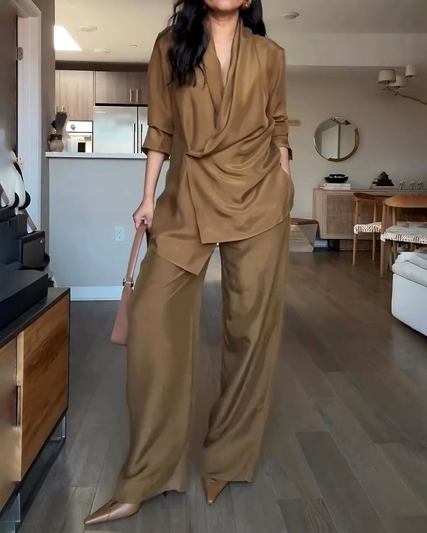 Women's Two-Piece Commuter Set – Long Sleeve Shirt & Elastic Waist Pants