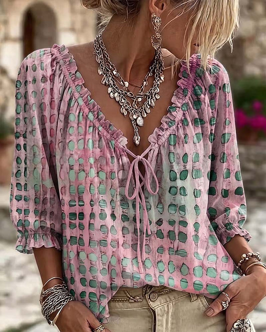 Polka Dot Tie-Front Blouse – V-Neck, 3/4 Sleeve, Relaxed Fit