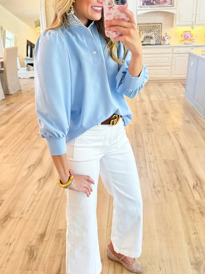 Leaf-Edge Chiffon Patchwork Top – Ruffle Neck, 3/4 Sleeve, Relaxed Fit