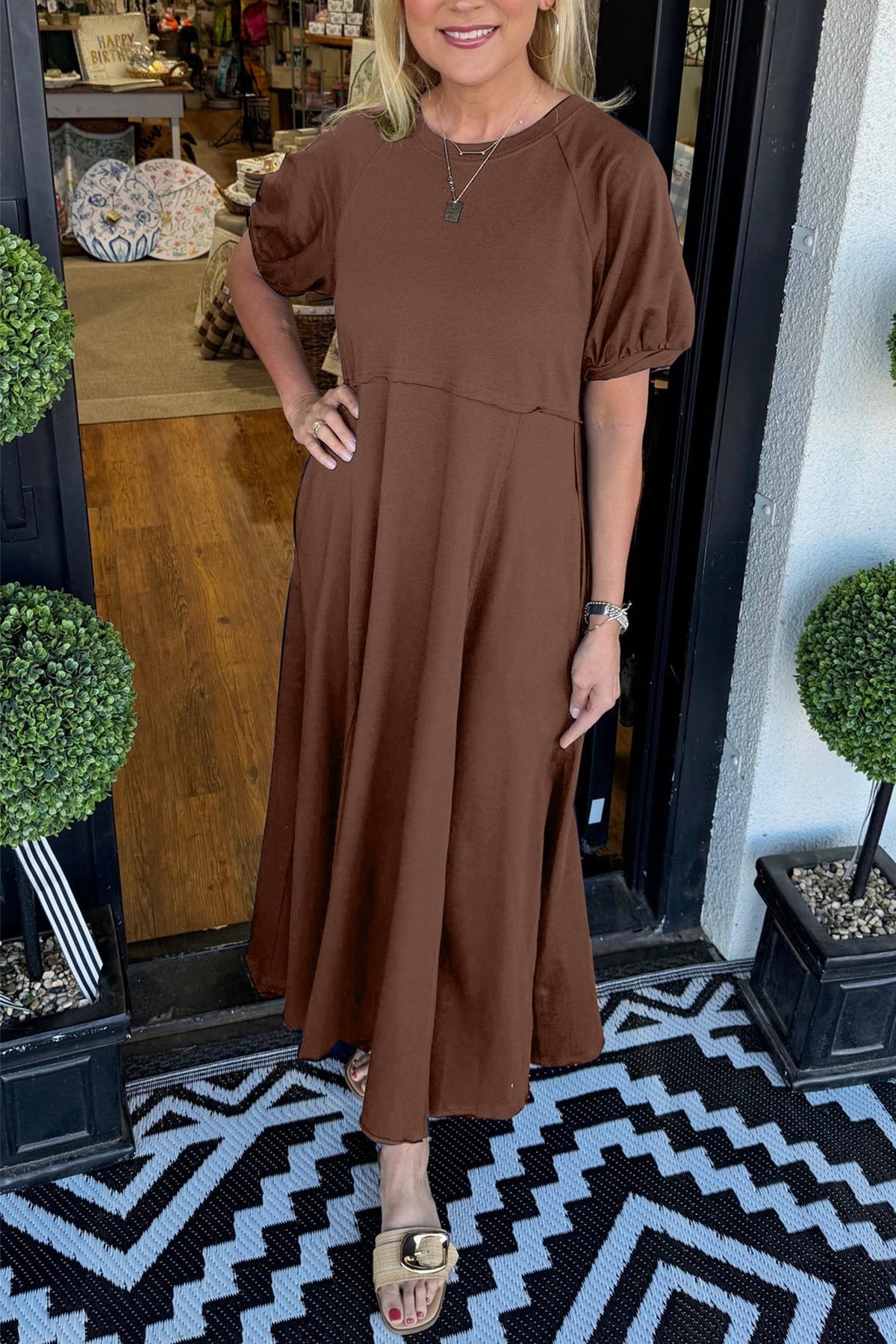Puff Sleeve Round Neck Maxi Dress – Solid Color, Loose Fit, Wrinkle-Resistant