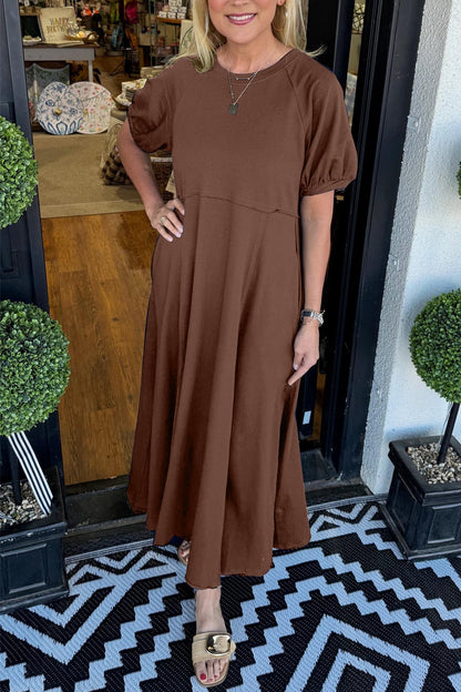 Puff Sleeve Round Neck Maxi Dress – Solid Color, Loose Fit, Wrinkle-Resistant