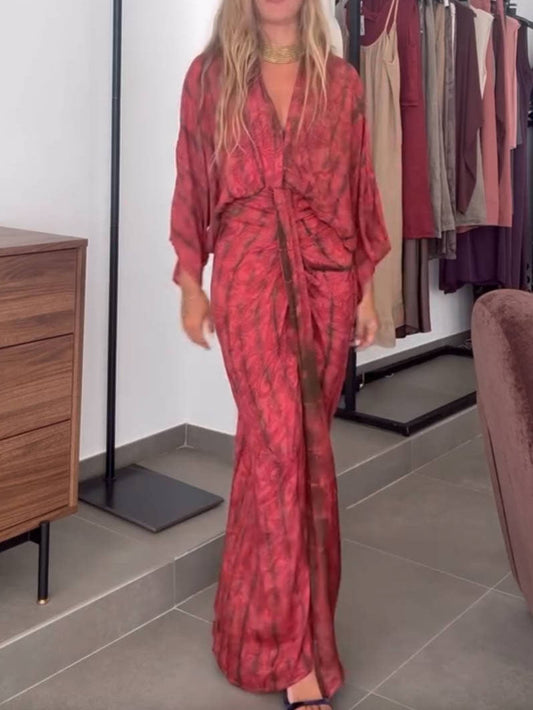 Women's Kimono-Style Printed Maxi Dress – Flowy Bell Sleeve & Bohemian Floral Print