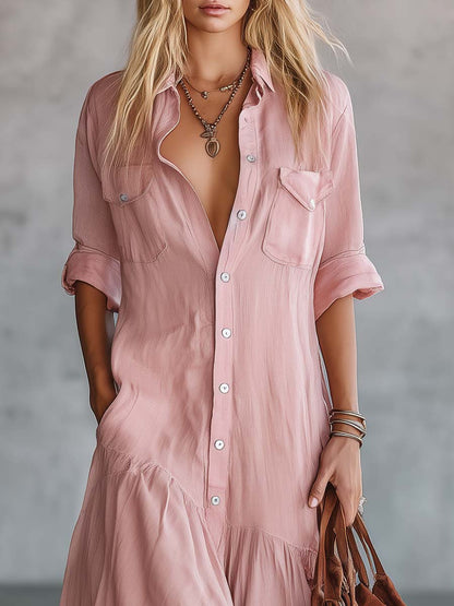 Pink Western Shirt Dress – Retro Maxi for Women