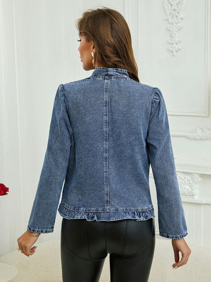 Ruffle Trim Open-Front Denim Jacket – Lightweight Washed Denim