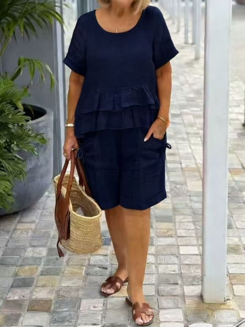 Linen Blend Shorts Set – Relaxed Fit Top & High-Waisted Shorts