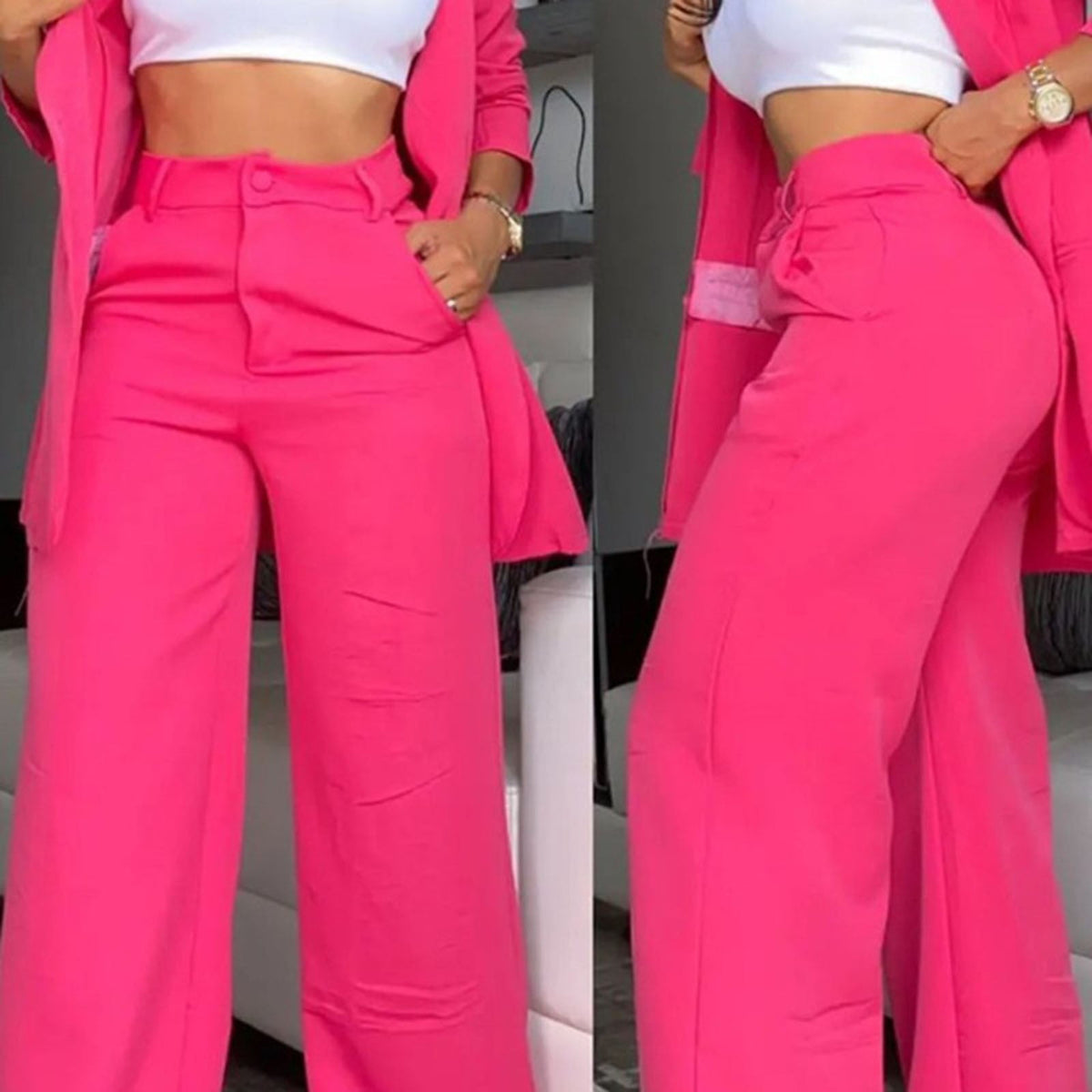 Ruffle Sleeve Blazer & Wide-Leg Pants Set – 2-Piece Business Suit