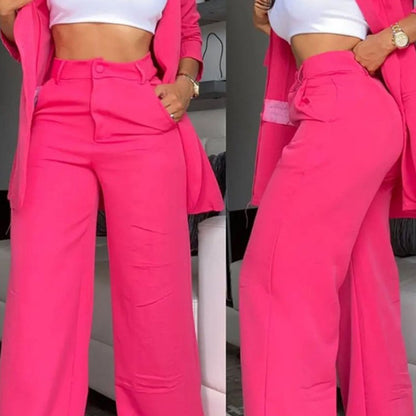 Ruffle Sleeve Blazer & Wide-Leg Pants Set – 2-Piece Business Suit