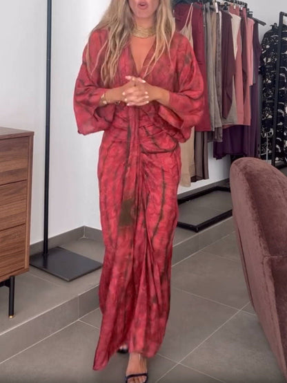 Women's Kimono-Style Printed Maxi Dress – Flowy Bell Sleeve & Bohemian Floral Print